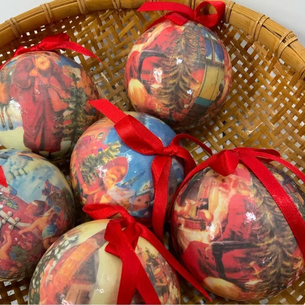 Lot of 6 Paper mache decoupage Old Fashion Santa ornaments Christmas bulbs